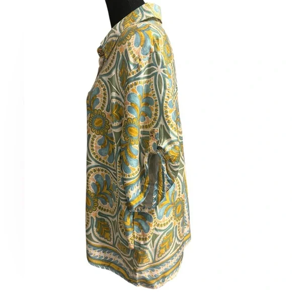 Women's Haute Hippie Button Down Shirt L Green Blue Floral - Picture 5 of 12